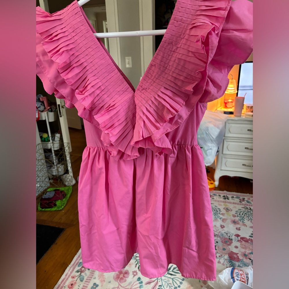 Ruffled V-Neck Pink Tiered Dress